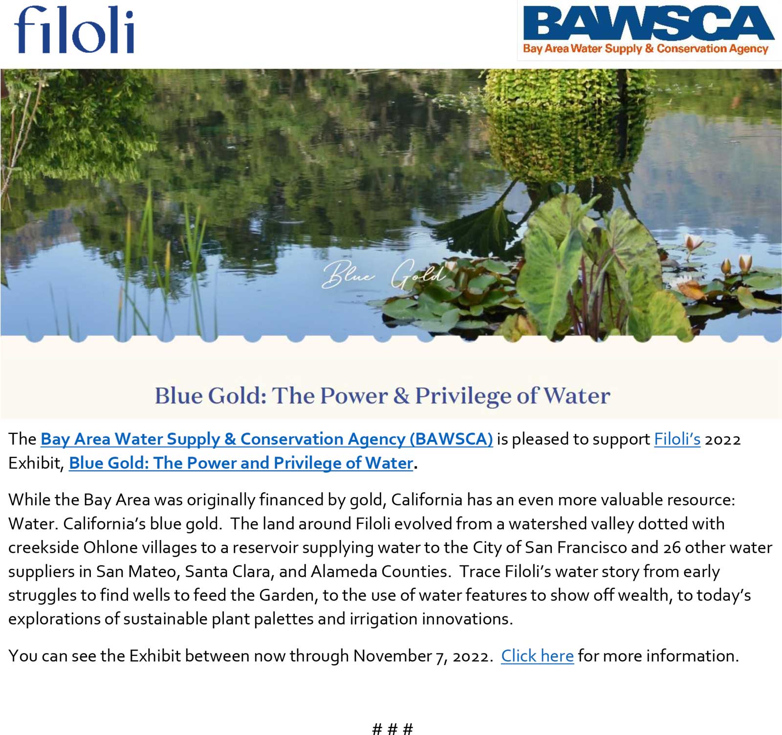 Filoli 2022 Exhibit from BAWSCA - Blue Gold: The Power and Privilege of Water